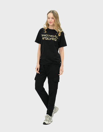 Tactical Wolves Woodland Printed Black Oversize T-shirt