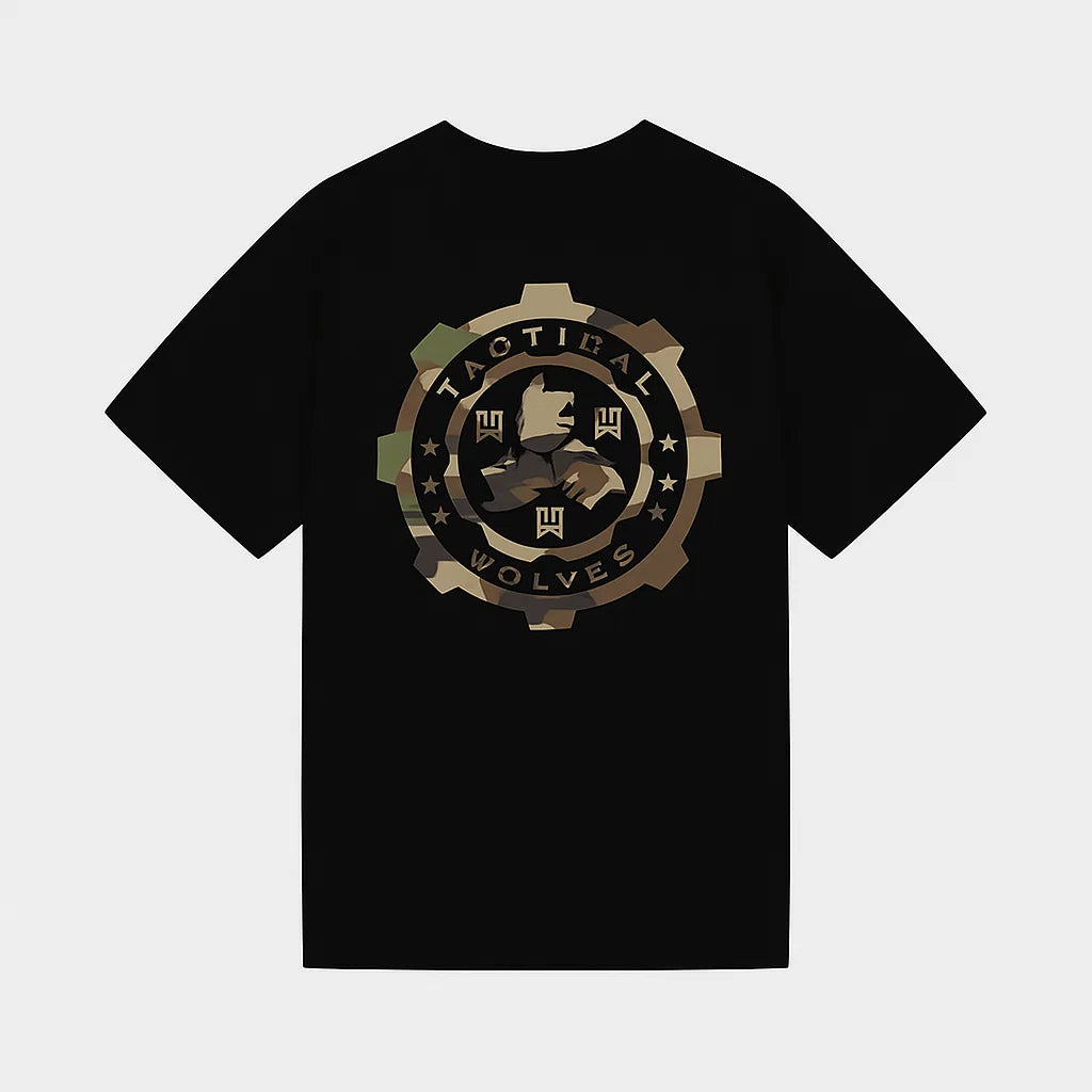 Tactical Wolves Yeşil Kamuflaj Baskılı Siyah Oversize T-shirt